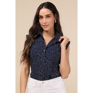 Lulus Chic Candidate Navy Polka Dot Collared Sleeveless Button-up Top Blue